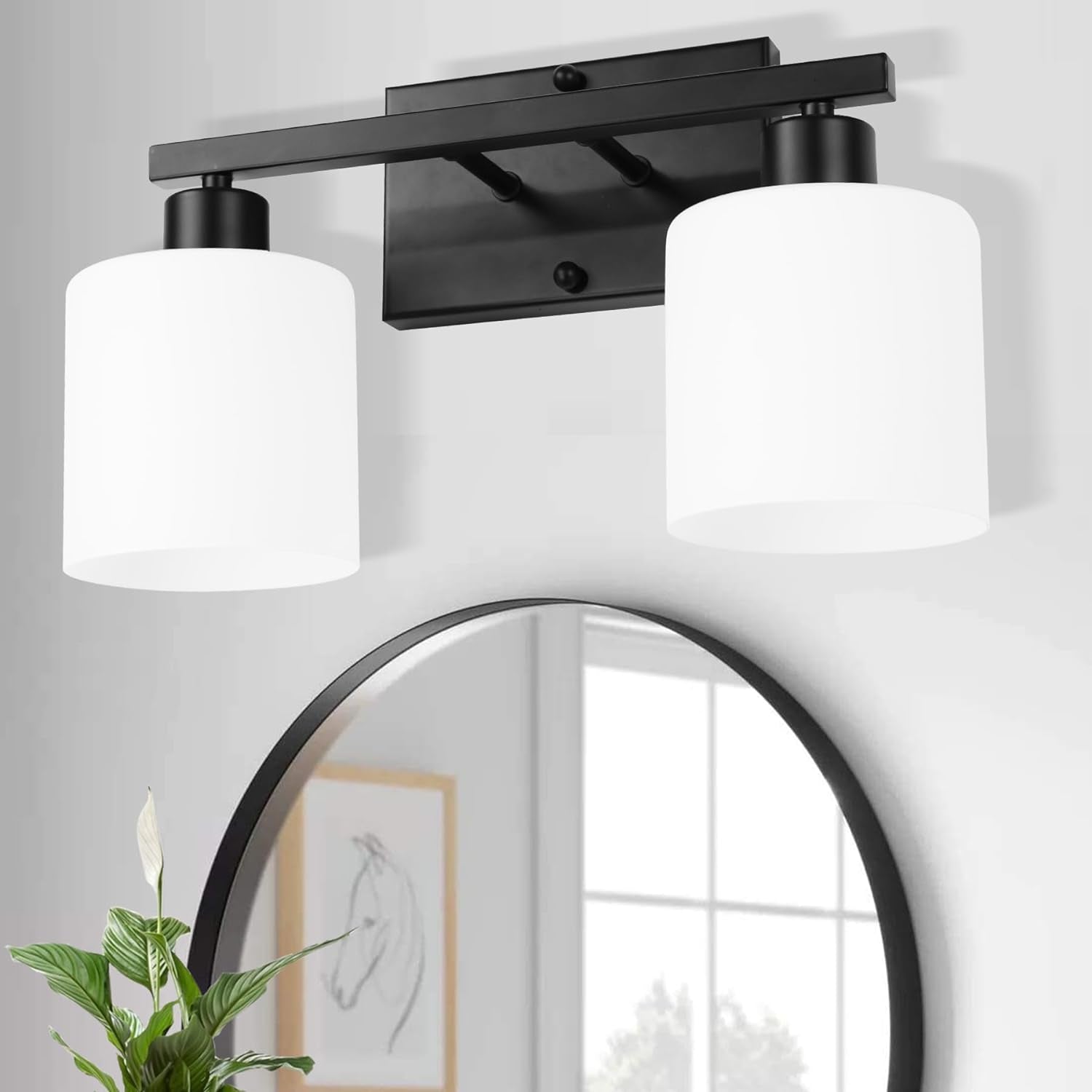 "Modern Black 2-Light Vanity Fixture with Milky White Glass Shades 