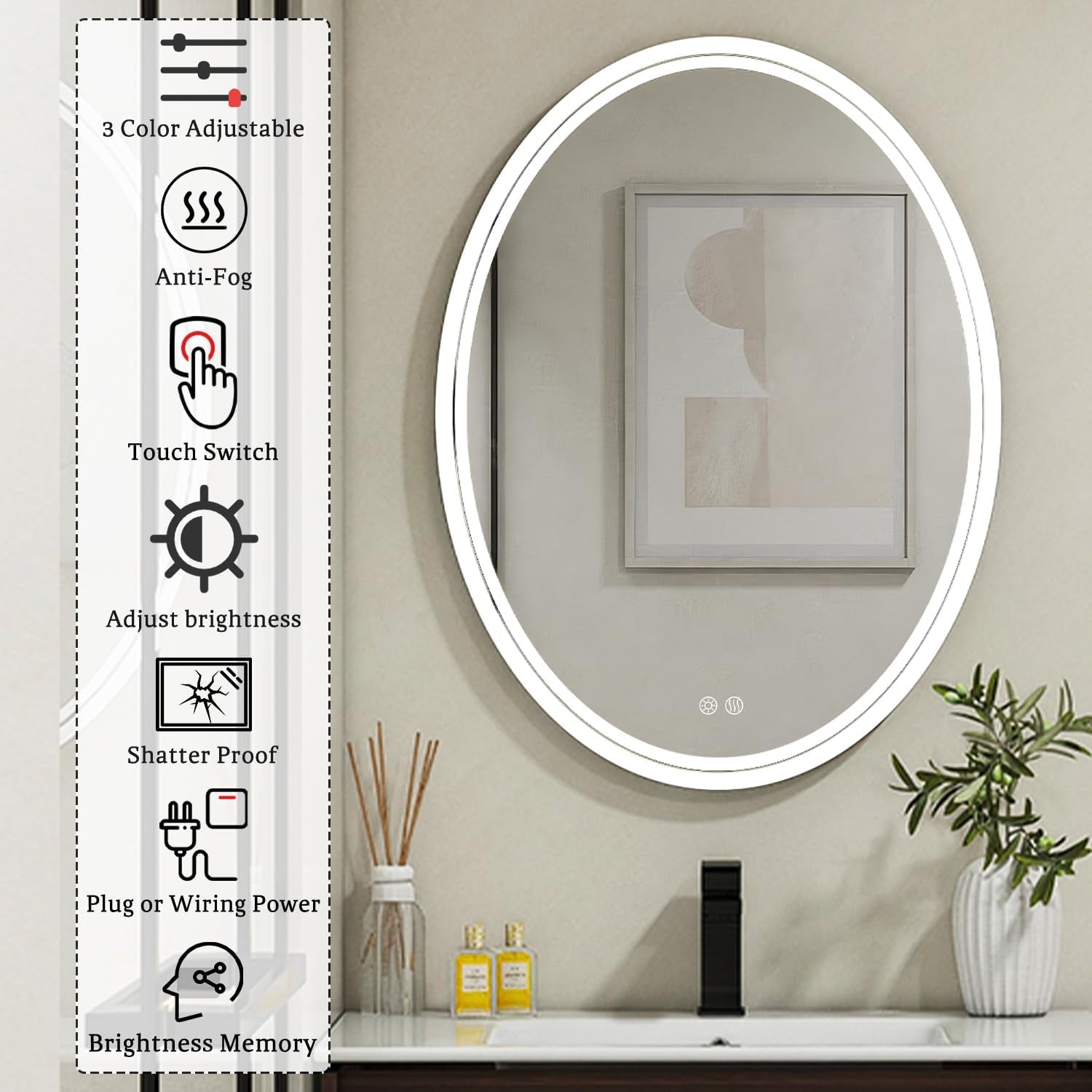  Oval LED Anti-Fog Bathroom Mirror with Dimmable 3 Colors Light