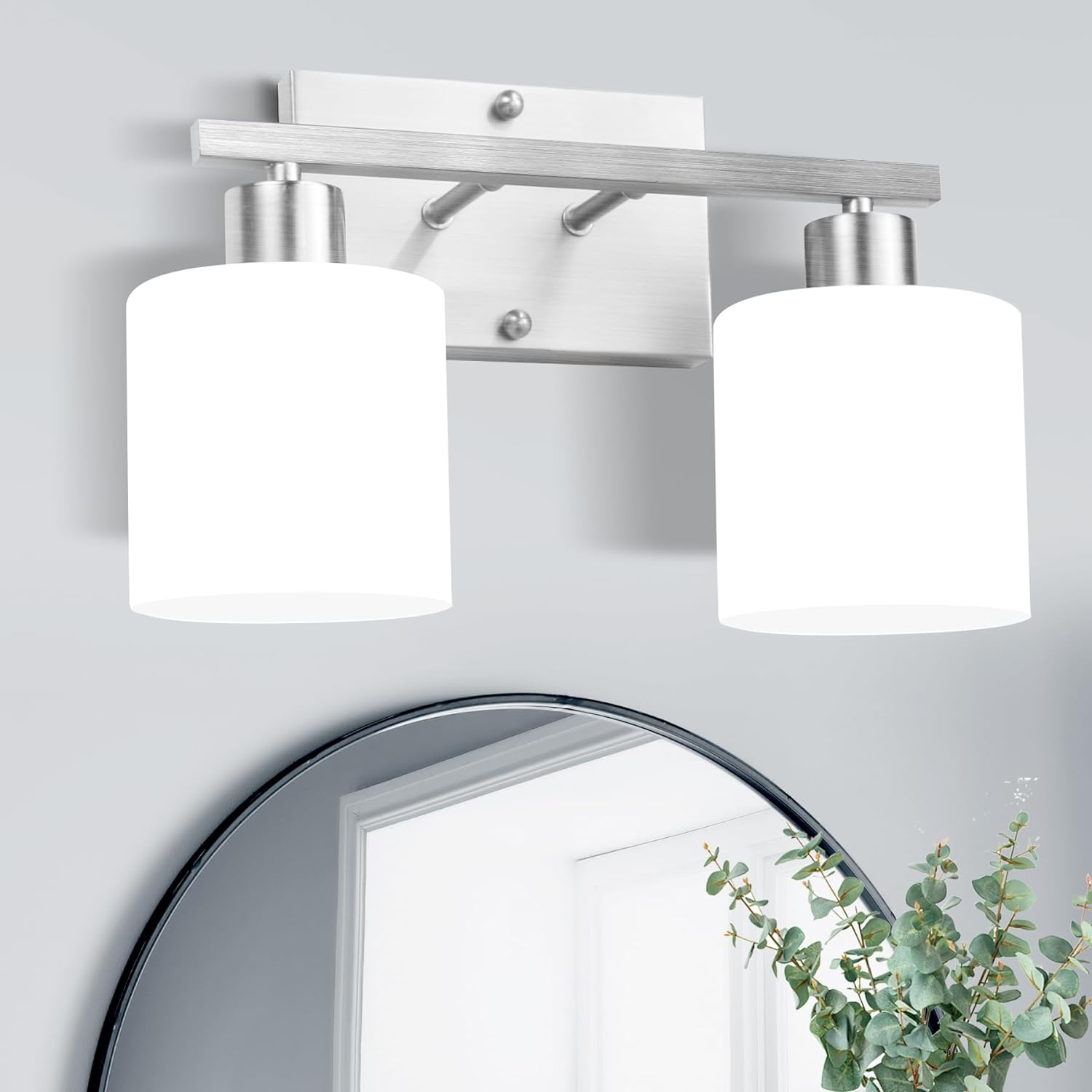 "Modern Black 2-Light Vanity Fixture with Milky White Glass Shades 