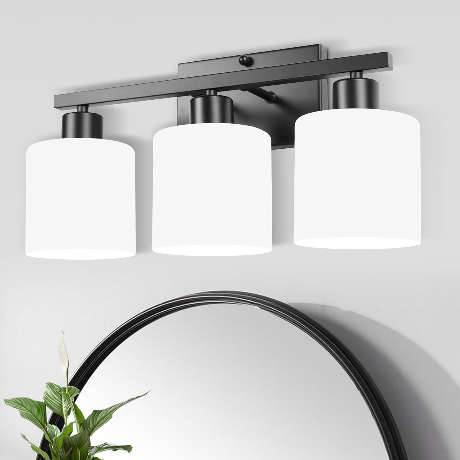 "Modern Black 2-Light Vanity Fixture with Milky White Glass Shades 