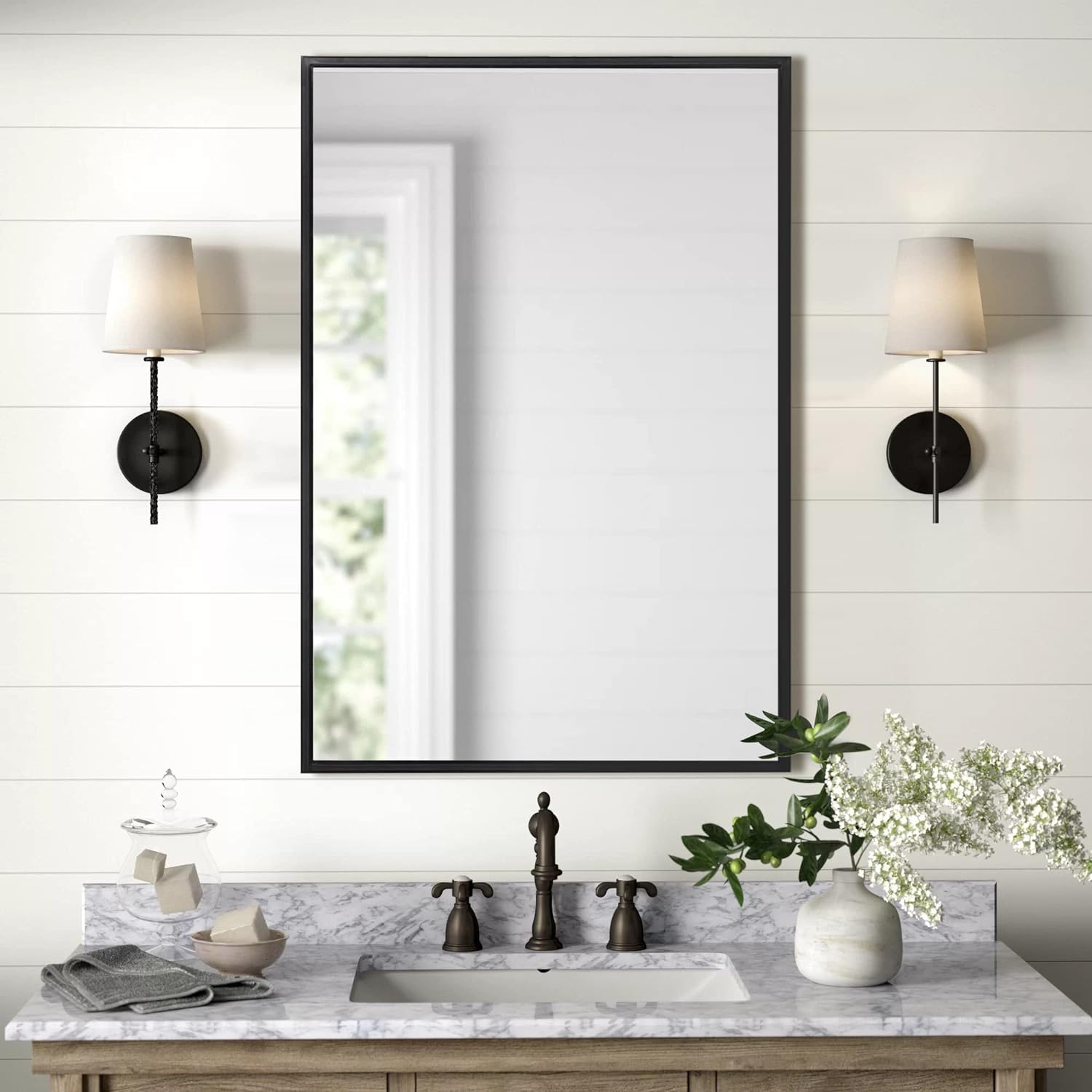 "Black Metal Frame Rectangle Mirror - Stylish Decor for Bedroom, Living Room, and Bathroom - 20 X 28 Inch"