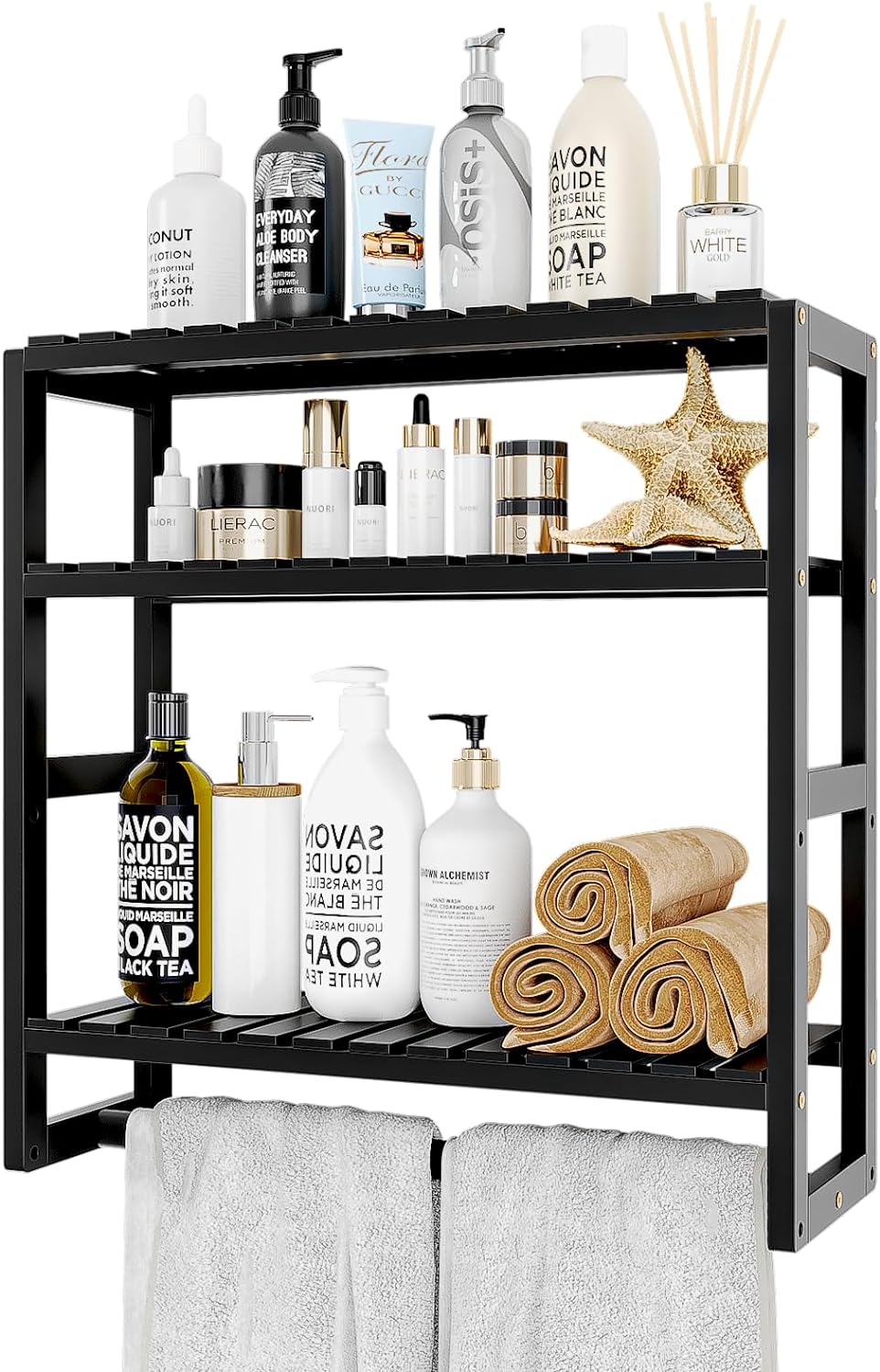  Bathroom Organizer: Adjustable 3-Tier Floating Shelves with Hanging Rod 