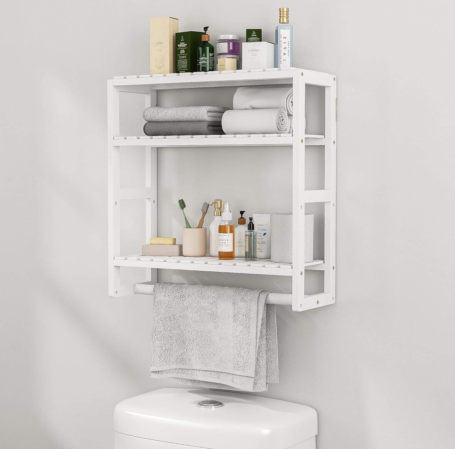  Bathroom Organizer: Adjustable 3-Tier Floating Shelves with Hanging Rod 