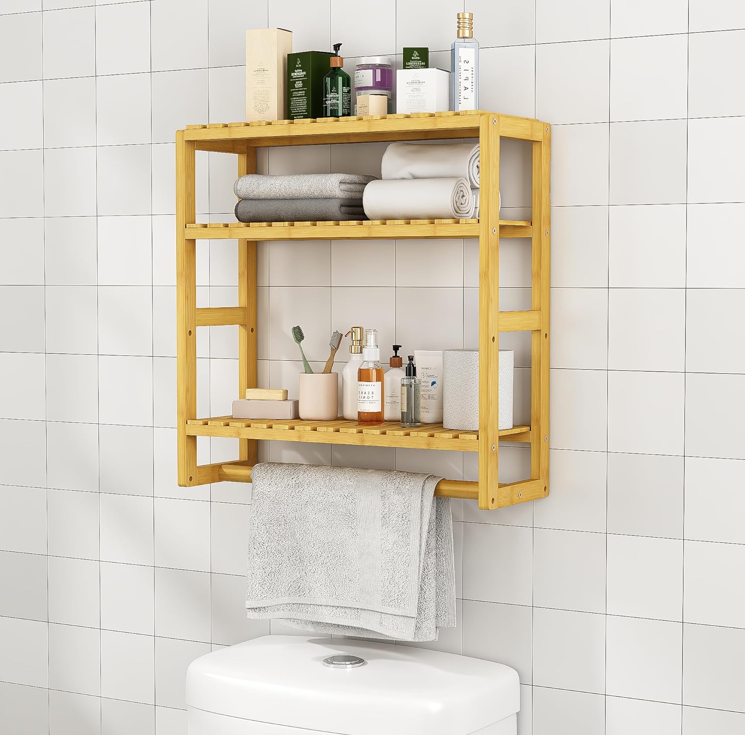  Bathroom Organizer: Adjustable 3-Tier Floating Shelves with Hanging Rod 