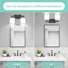 "Modern Black 2-Light Vanity Fixture with Milky White Glass Shades 