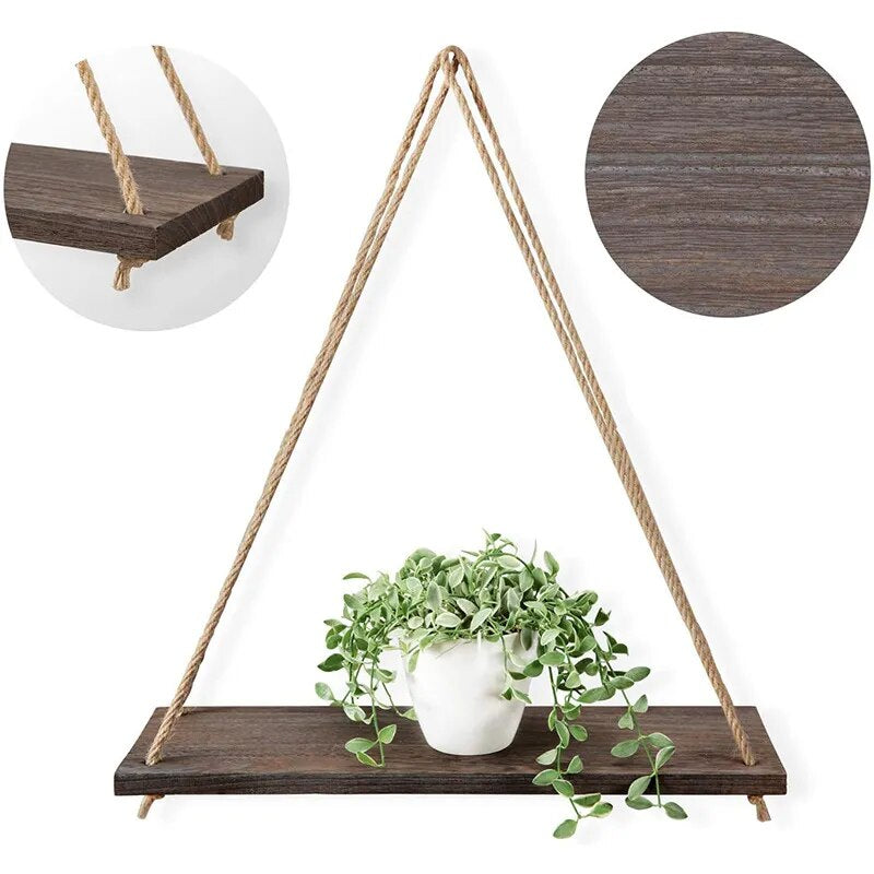 Rustic Wooden Wall Shelf with Hemp Rope Swing 