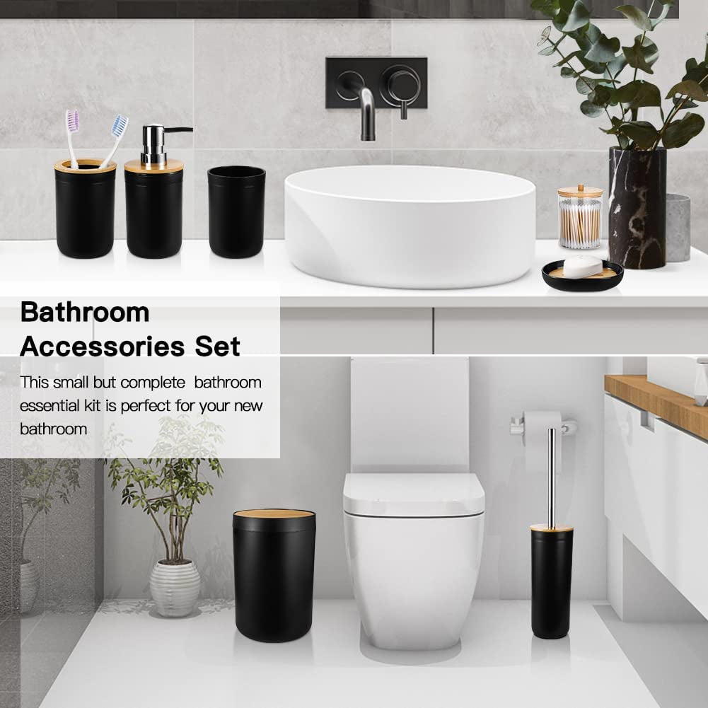 "Modern Black Bamboo Bathroom Set - Includes Soap Dispenser, Toothbrush Holder, and More - Stylish Housewarming Gift"