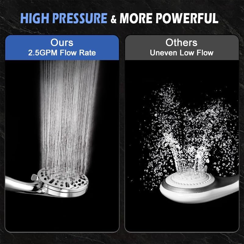 High Pressure Shower Head with Handheld, 10 Spray Settings Combo Water Saving Shower Heads with Stainless Steel Hose,Holder & PTFE Tape, Wider Silver Face for Tubs Tiles Walls Pets Cleaning