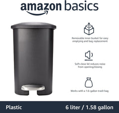 Compact Bathroom Plastic Rectangular Trash Can with Steel Pedal Step, Black, 6 Liters