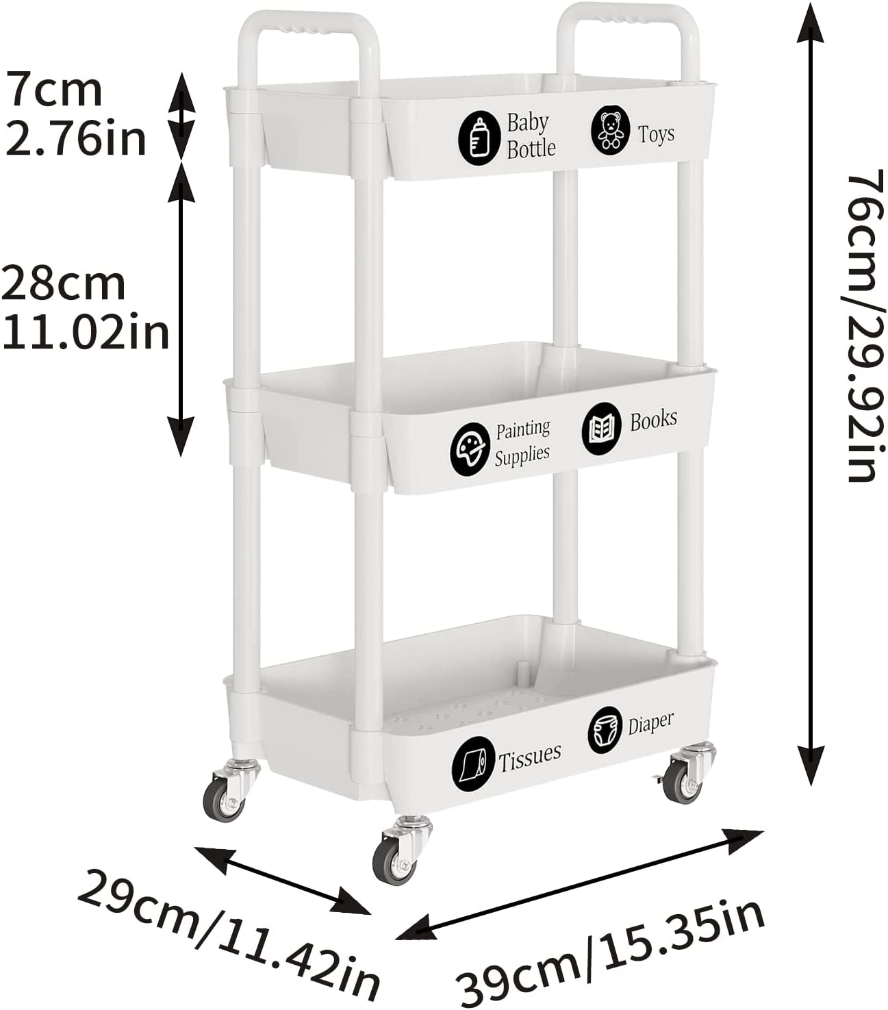 3-Tier Storage Cart,Multifunction Kitchen Storage Organizer,Mobile Shelving Unit Utility Rolling Cart with Lockable Wheels for Bathroom,Laundry,Living Room,With Classified Stickers,White