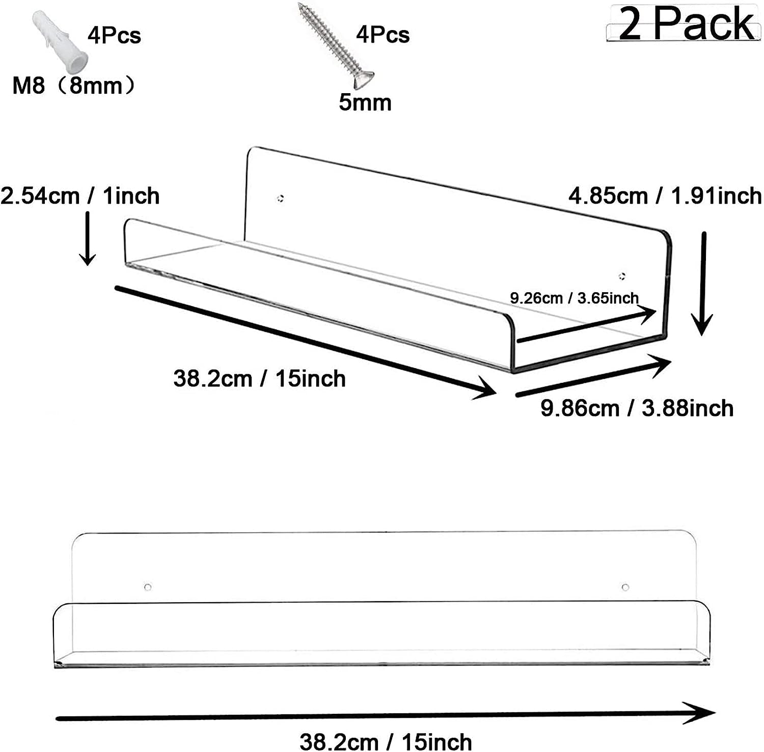 "Clear Acrylic Floating Wall Shelves - Stylish Bathroom Storage and Invisible Bookshelf Combo (2 Pack, 15")"