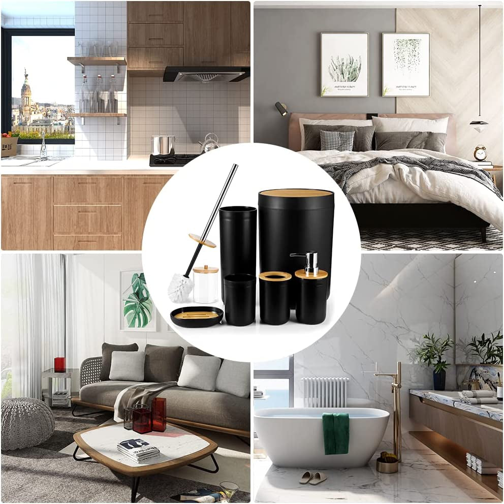 "Modern Black Bamboo Bathroom Set - Includes Soap Dispenser, Toothbrush Holder, and More - Stylish Housewarming Gift"