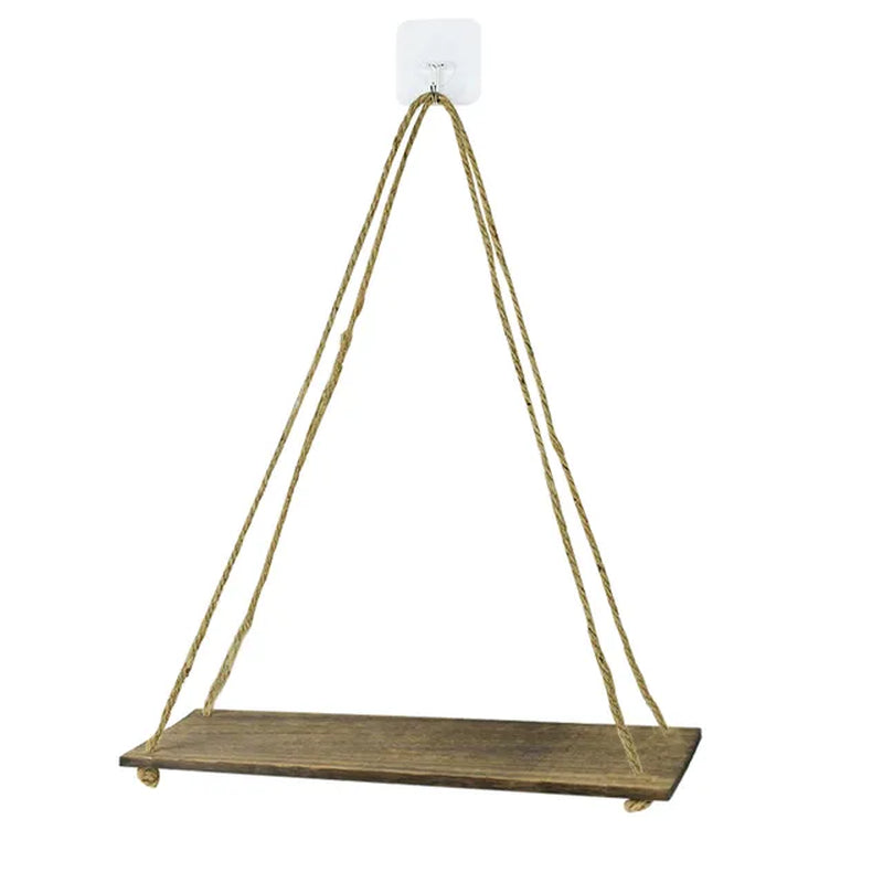 Rustic Wooden Wall Shelf with Hemp Rope Swing 