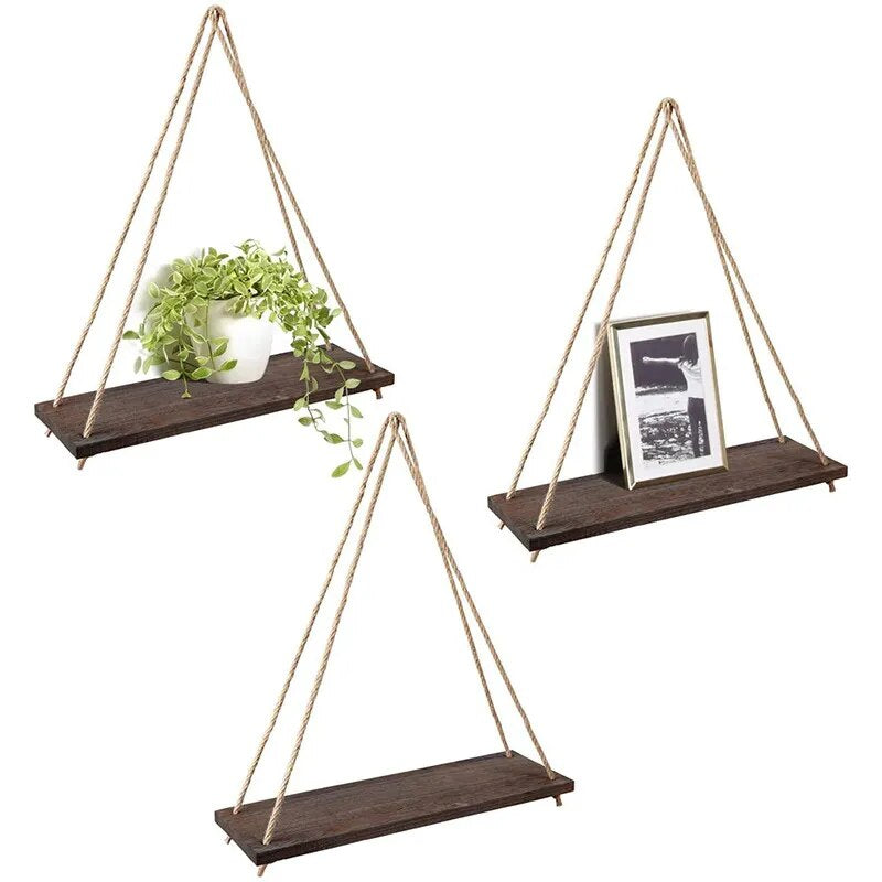 Rustic Wooden Wall Shelf with Hemp Rope Swing 