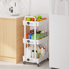 3-Tier Storage Cart,Multifunction Kitchen Storage Organizer,Mobile Shelving Unit Utility Rolling Cart with Lockable Wheels for Bathroom,Laundry,Living Room,With Classified Stickers,White