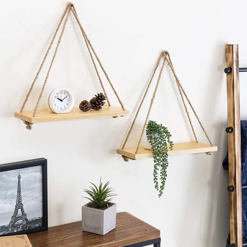 Rustic Wooden Wall Shelf with Hemp Rope Swing 