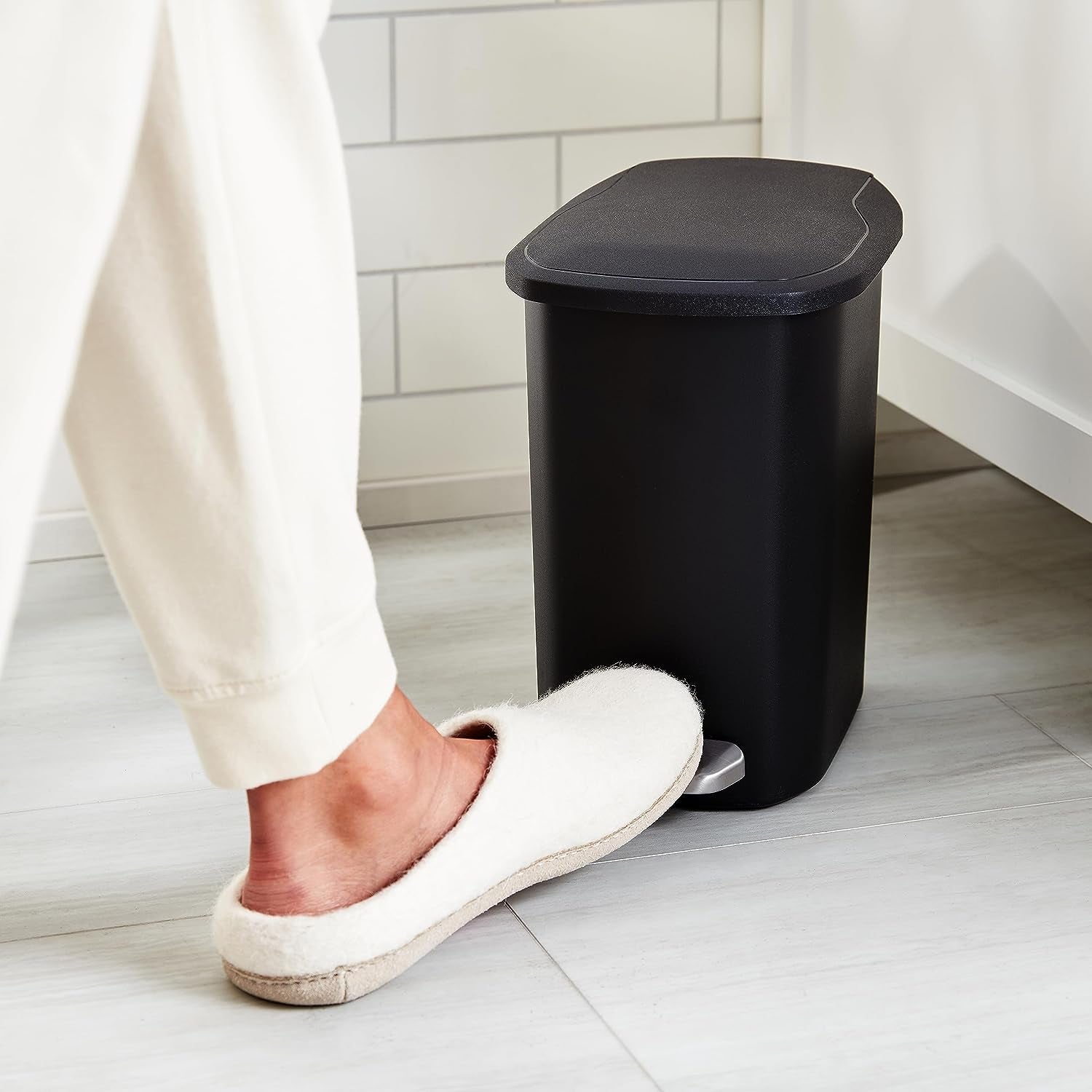 Compact Bathroom Plastic Rectangular Trash Can with Steel Pedal Step, Black, 6 Liters