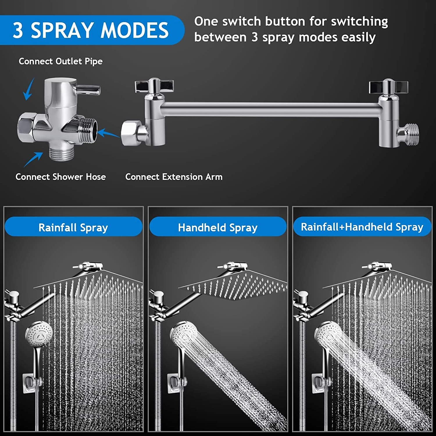 10 Inch High Pressure Rain Shower Head with 11 Inch Adjustable Extension Arm