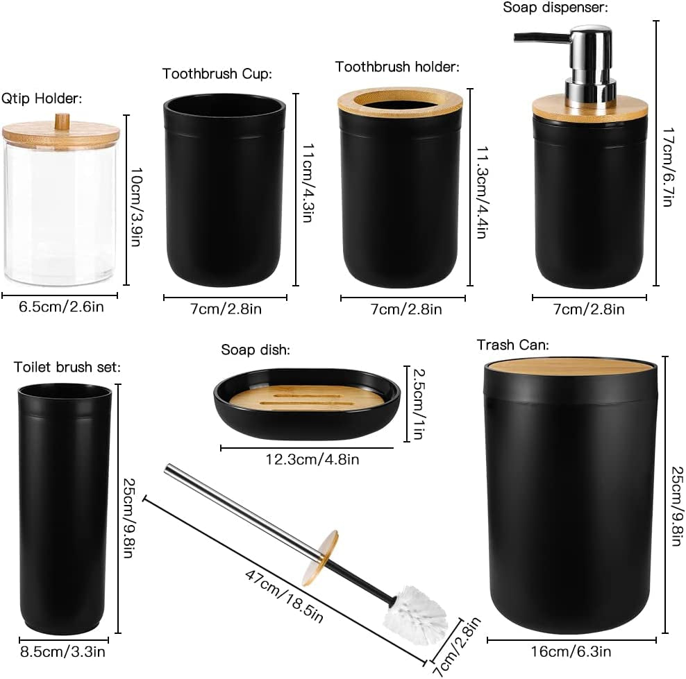 "Modern Black Bamboo Bathroom Set - Includes Soap Dispenser, Toothbrush Holder, and More - Stylish Housewarming Gift"