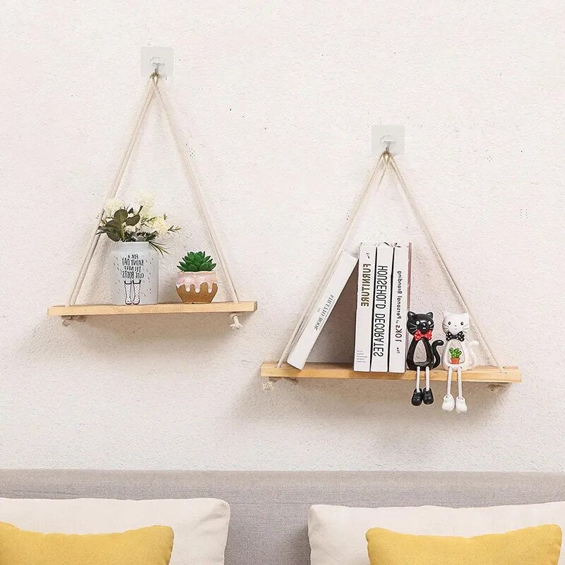 Rustic Wooden Wall Shelf with Hemp Rope Swing 