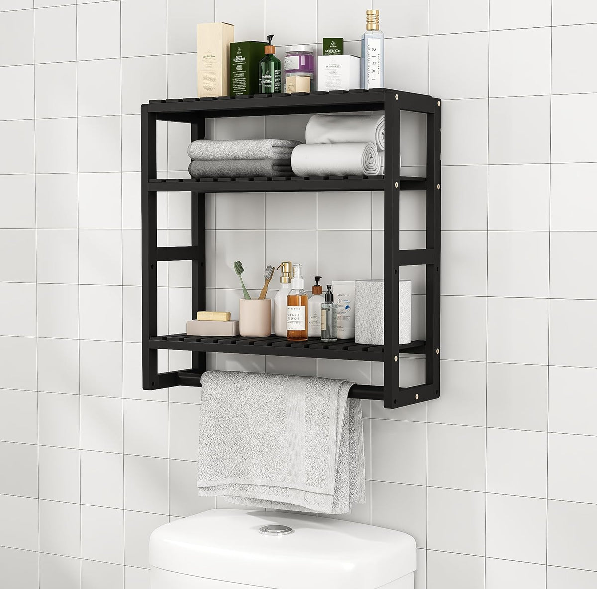  Bathroom Organizer: Adjustable 3-Tier Floating Shelves with Hanging Rod 