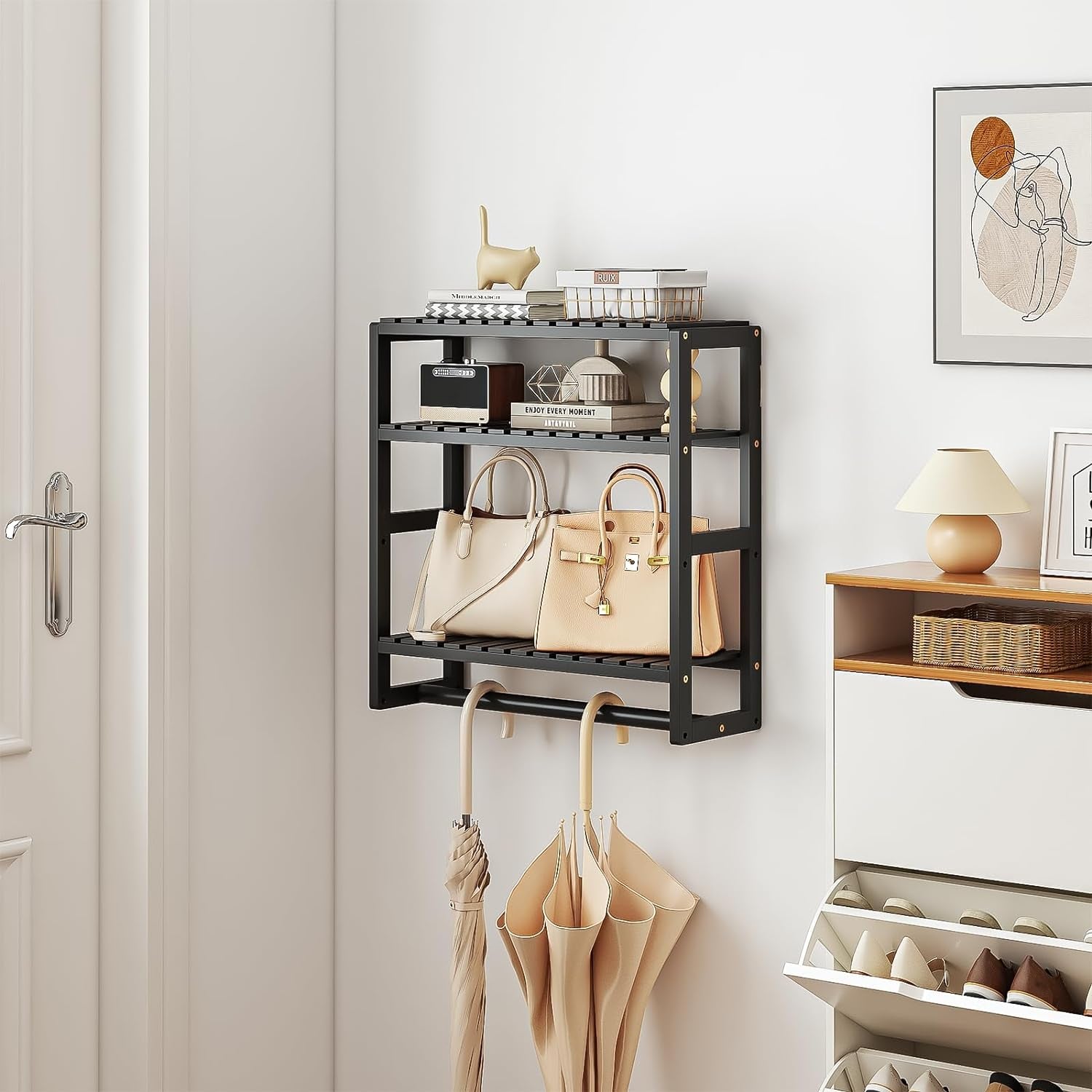  Bathroom Organizer: Adjustable 3-Tier Floating Shelves with Hanging Rod 