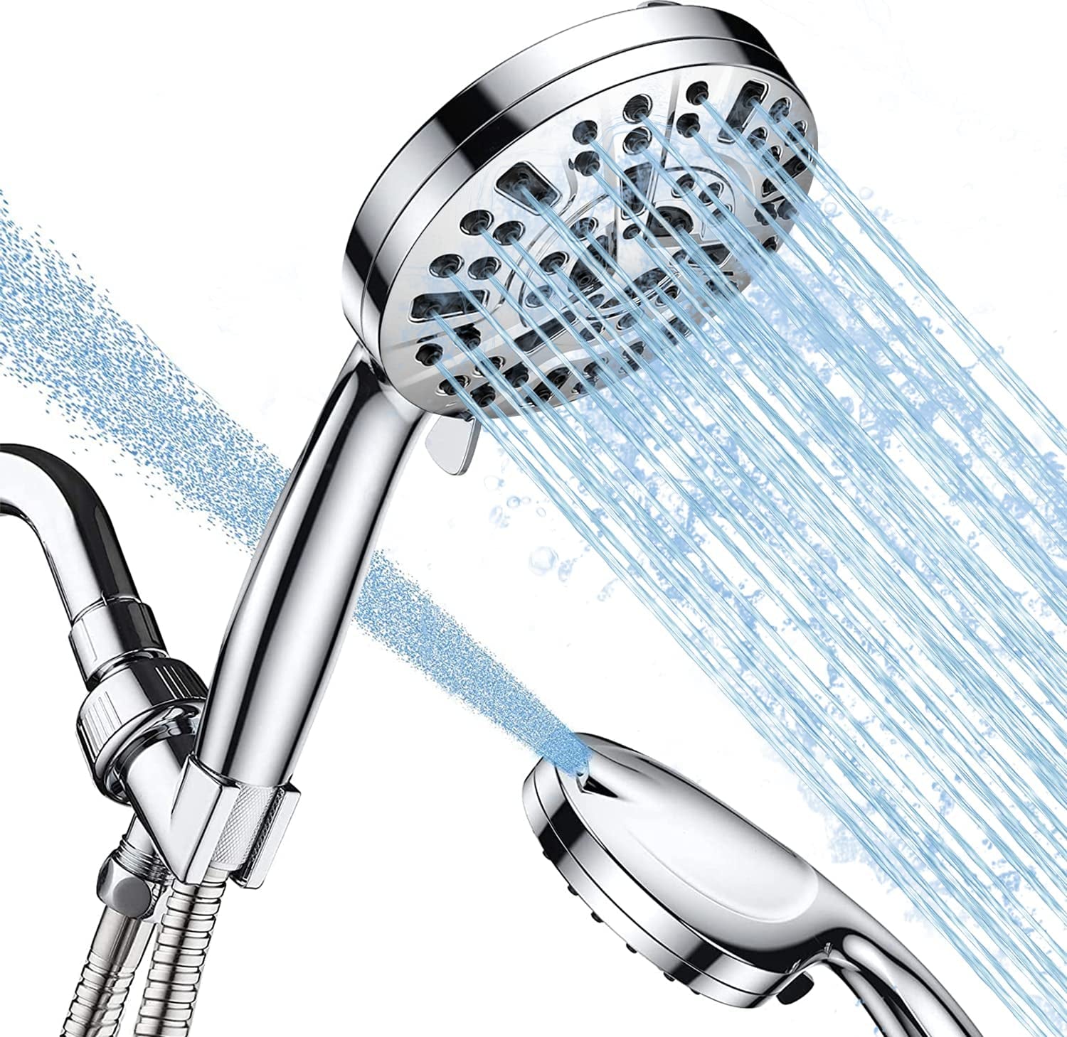 High Pressure Shower Head with Handheld, 10 Spray Settings Combo Water Saving Shower Heads with Stainless Steel Hose,Holder & PTFE Tape, Wider Silver Face for Tubs Tiles Walls Pets Cleaning