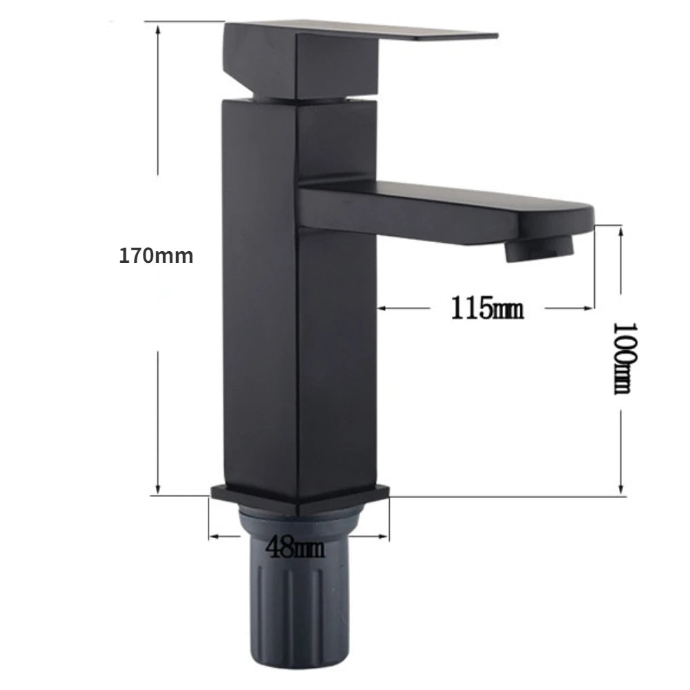 "Modern Black Stainless Steel Bathroom Faucet with Square Design - Hot & Cold Mixer for Stylish Vanity Sinks"