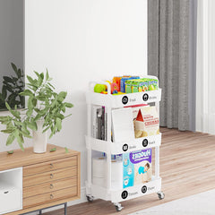 3-Tier Storage Cart,Multifunction Kitchen Storage Organizer,Mobile Shelving Unit Utility Rolling Cart with Lockable Wheels for Bathroom,Laundry,Living Room,With Classified Stickers,White