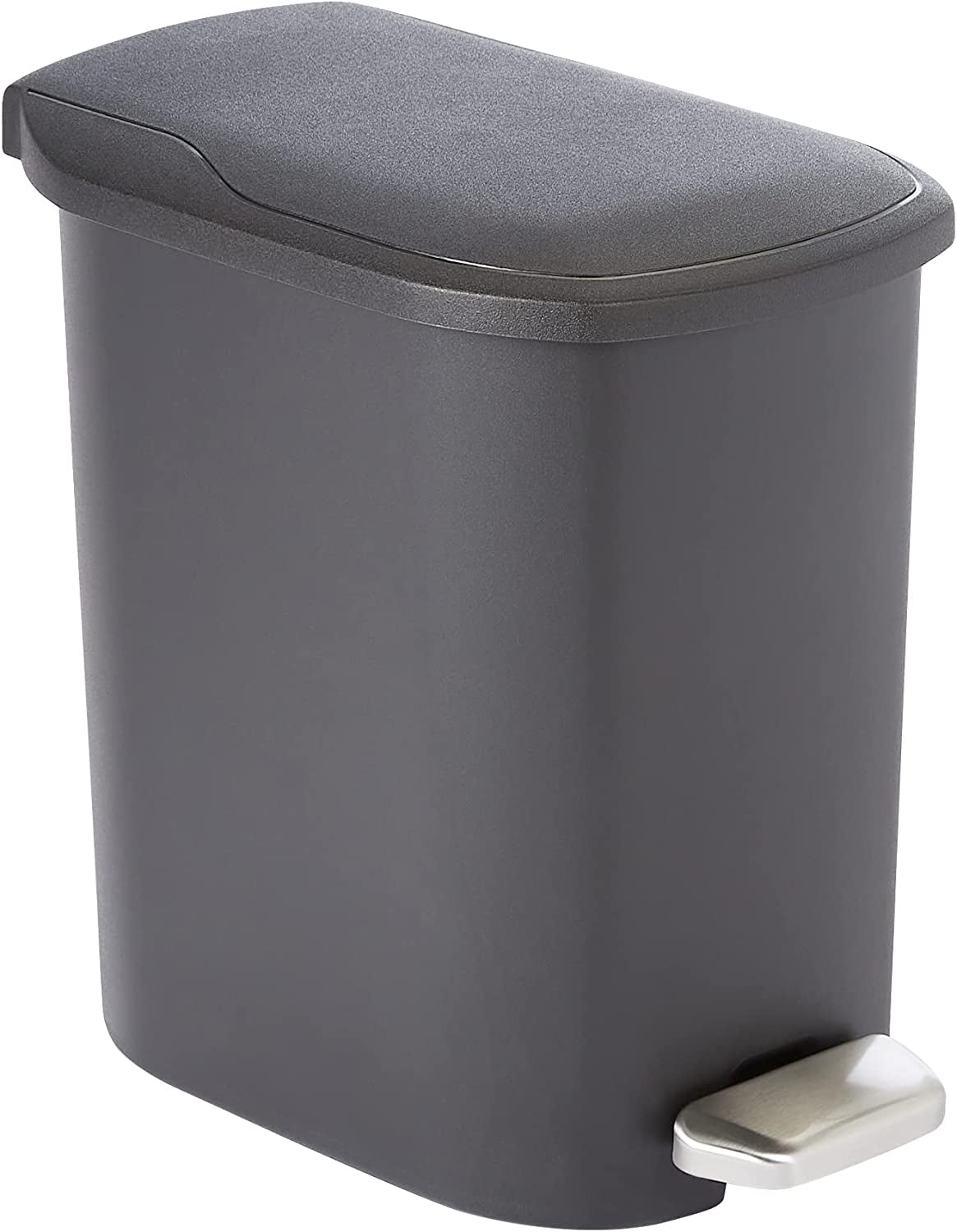 Compact Bathroom Plastic Rectangular Trash Can with Steel Pedal Step, Black, 6 Liters