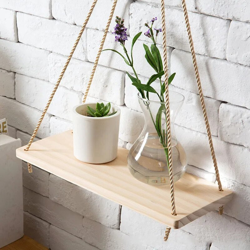 Rustic Wooden Wall Shelf with Hemp Rope Swing 