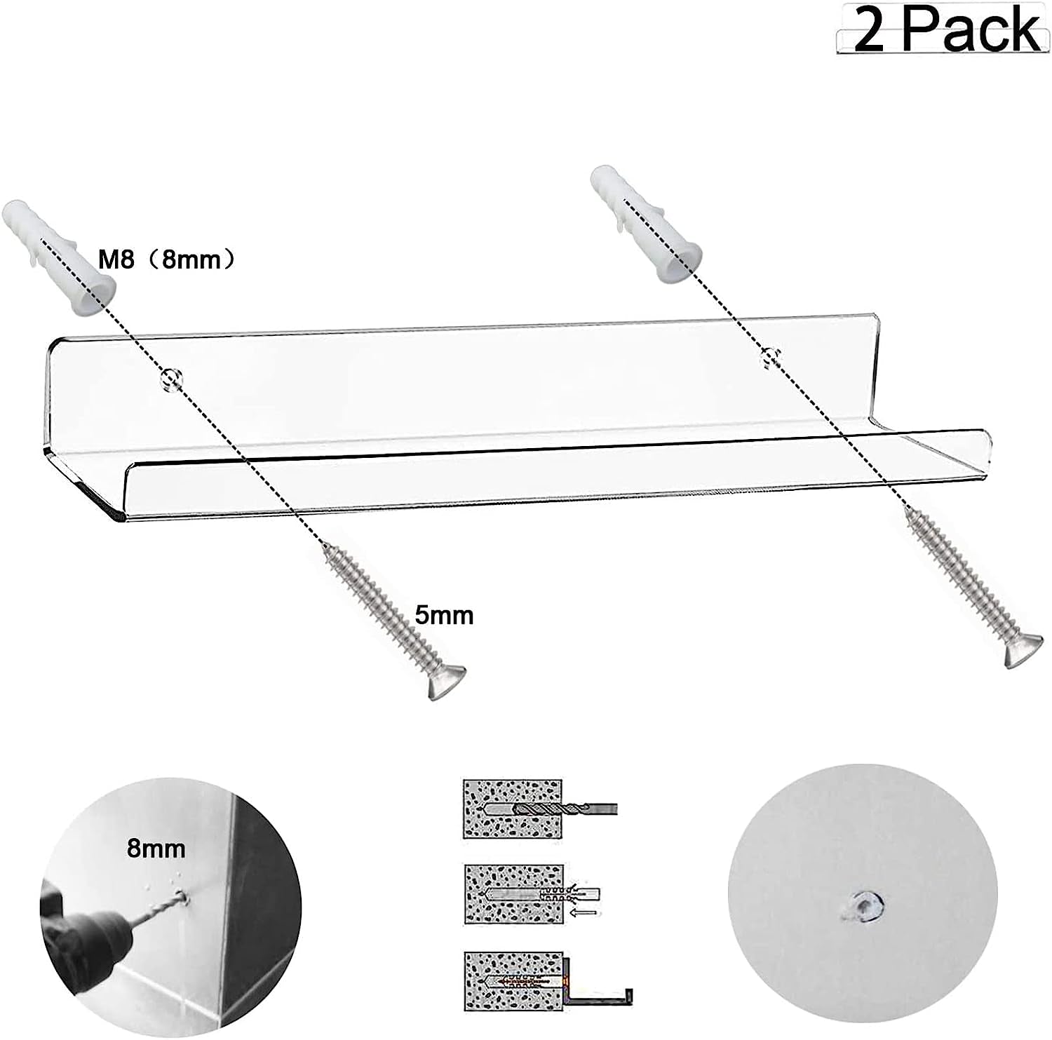 "Clear Acrylic Floating Wall Shelves - Stylish Bathroom Storage and Invisible Bookshelf Combo (2 Pack, 15")"