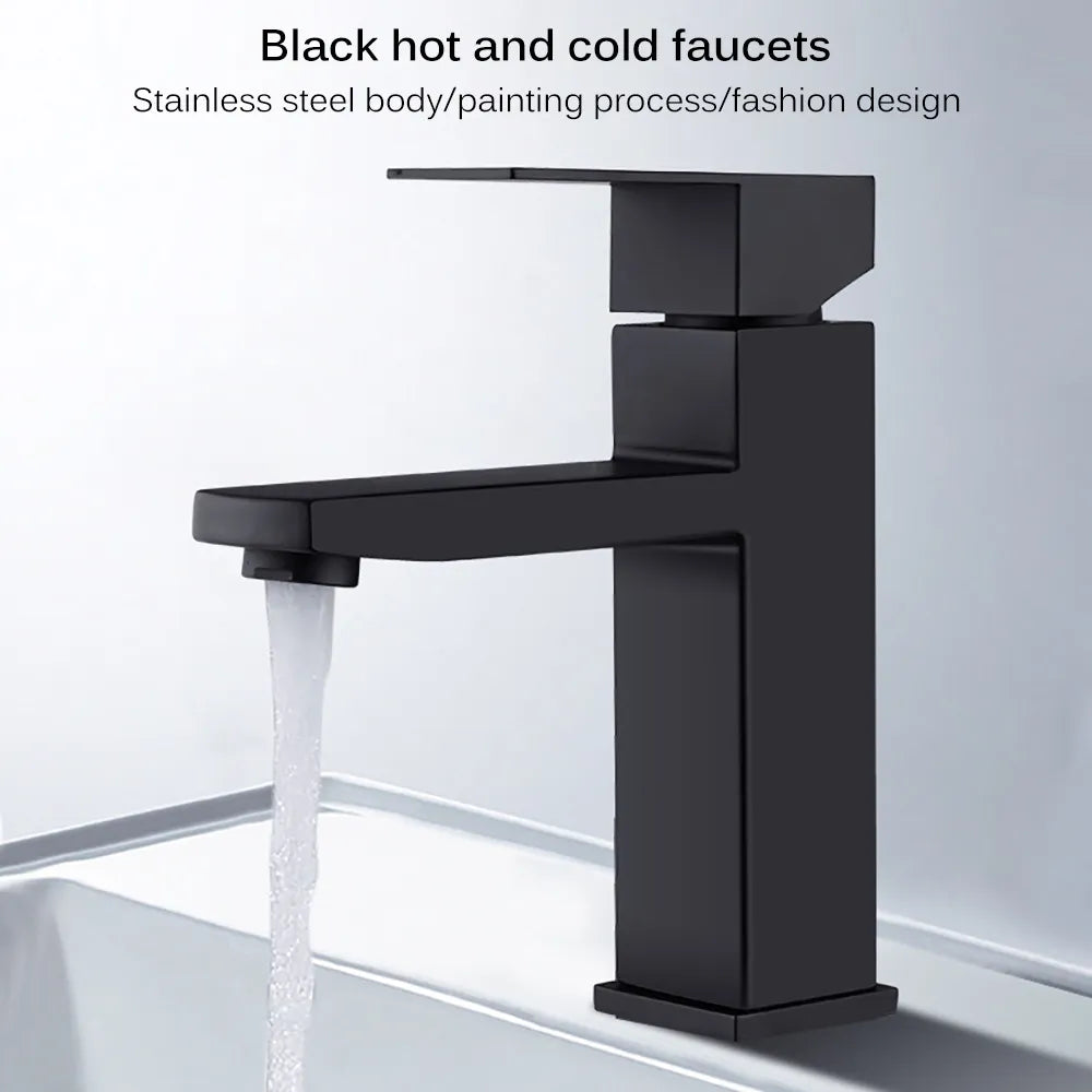 "Modern Black Stainless Steel Bathroom Faucet with Square Design - Hot & Cold Mixer for Stylish Vanity Sinks"