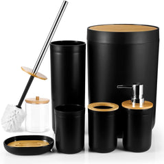 "Modern Black Bamboo Bathroom Set - Includes Soap Dispenser, Toothbrush Holder, and More - Stylish Housewarming Gift"