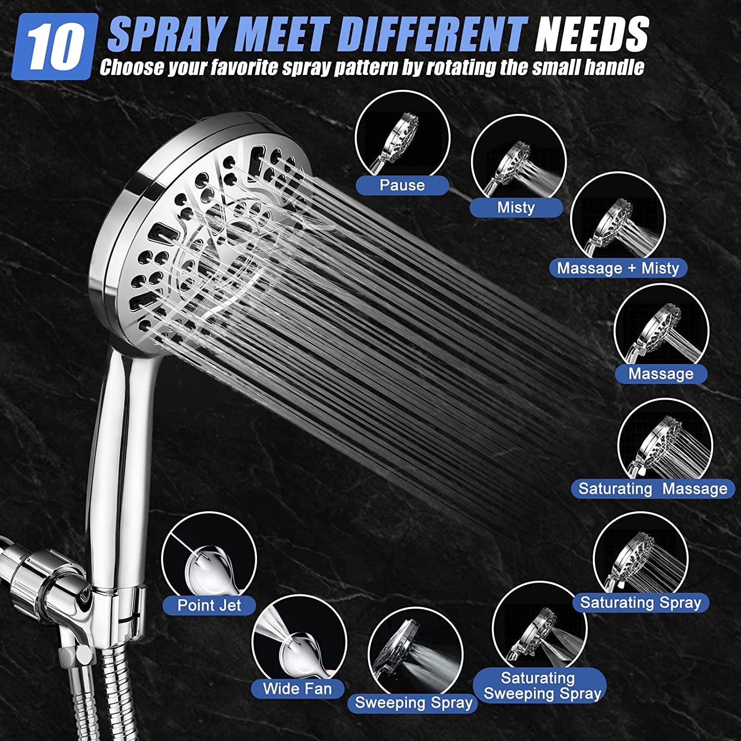 High Pressure Shower Head with Handheld, 10 Spray Settings Combo Water Saving Shower Heads with Stainless Steel Hose,Holder & PTFE Tape, Wider Silver Face for Tubs Tiles Walls Pets Cleaning