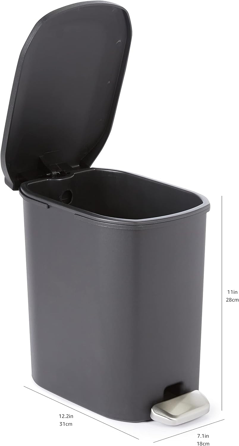 Compact Bathroom Plastic Rectangular Trash Can with Steel Pedal Step, Black, 6 Liters