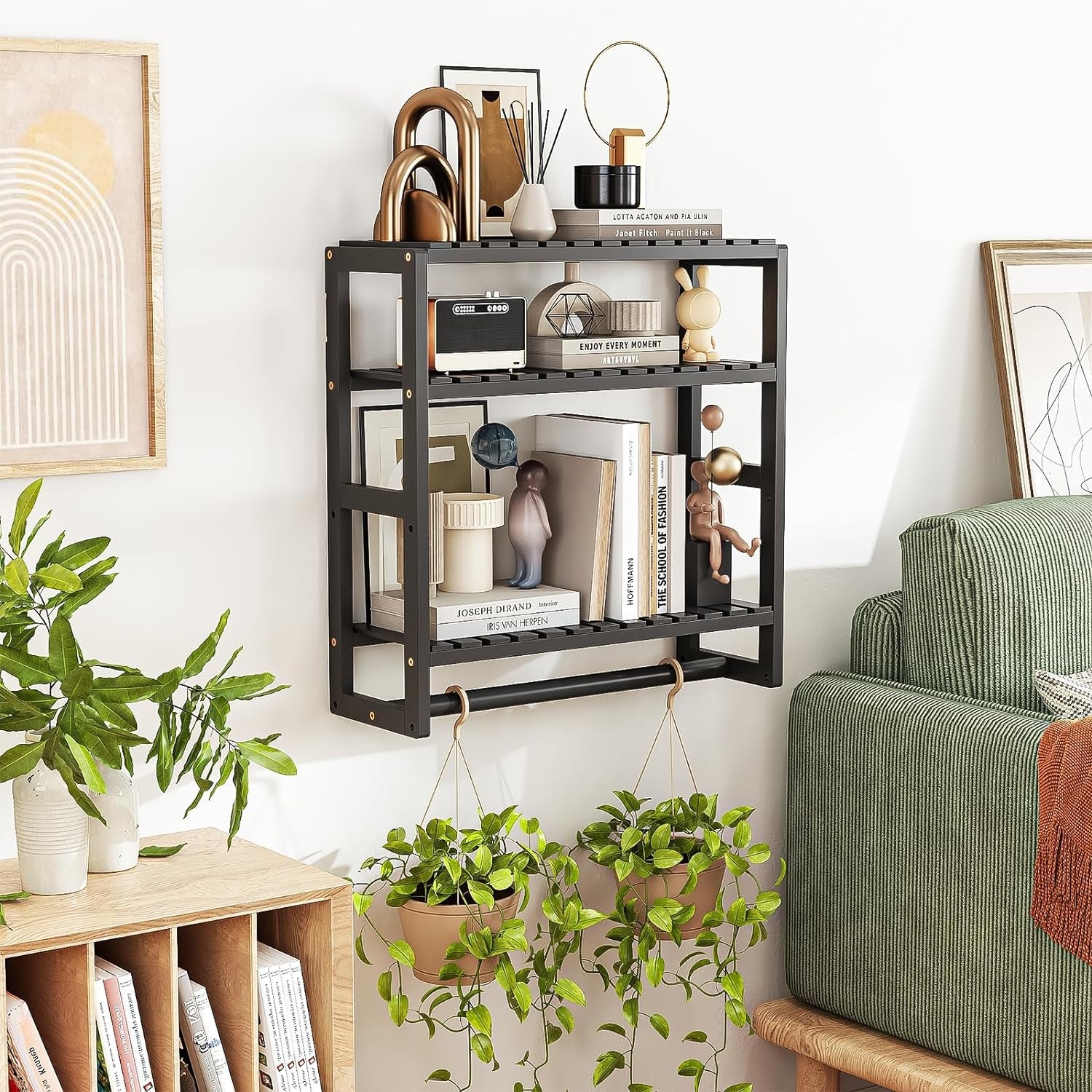  Bathroom Organizer: Adjustable 3-Tier Floating Shelves with Hanging Rod 