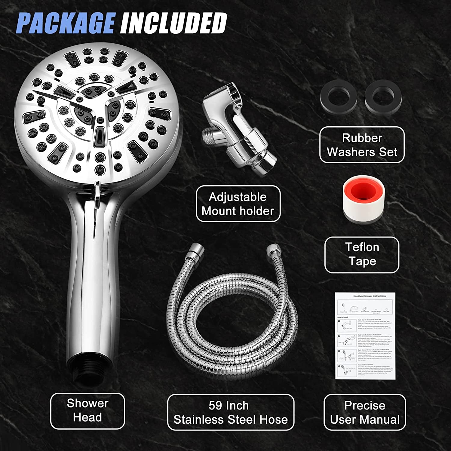 High Pressure Shower Head with Handheld, 10 Spray Settings Combo Water Saving Shower Heads with Stainless Steel Hose,Holder & PTFE Tape, Wider Silver Face for Tubs Tiles Walls Pets Cleaning