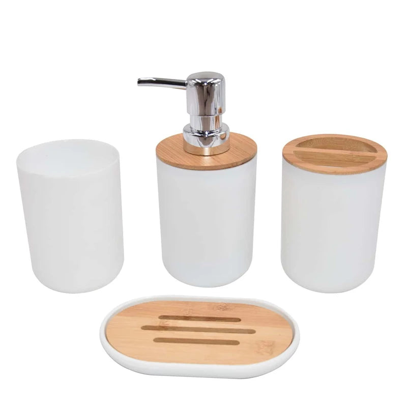 "Spa-Inspired 4-Piece Bathroom Accessory Set - Imitation Resin, Bamboo, and Wood Combination"